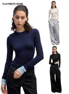 NUMBER HERE 澳洲美丽诺羊毛奥地利兰精莱赛尔混纺假两件长袖T恤