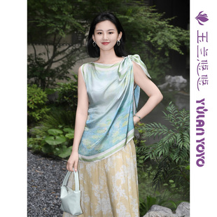 一字领真丝上衣桑蚕丝薄款 莫奈睡莲 丝巾衬衣 夏 玉兰悠悠2025新款