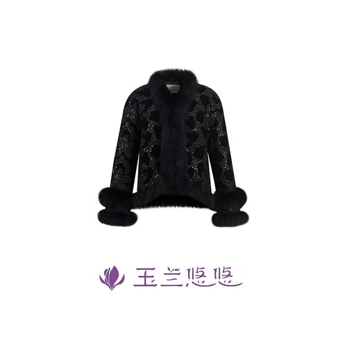 玉兰悠悠秋冬新款“枫丹白露”亮片丝绒狐狸毛棉服