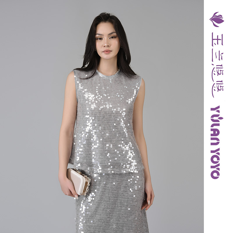 玉兰悠悠2025新款夏“盖茨比”银色亮片背心圆领无袖内搭上衣女