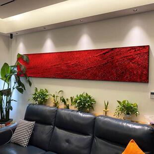 顺丰红色横版纯手绘油画客厅装饰画抽象极简卧室床头挂画细长条肌
