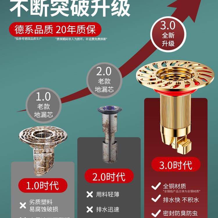 德国全铜防臭地漏芯过滤网下水道管口防虫防臭卫生间浴室通用