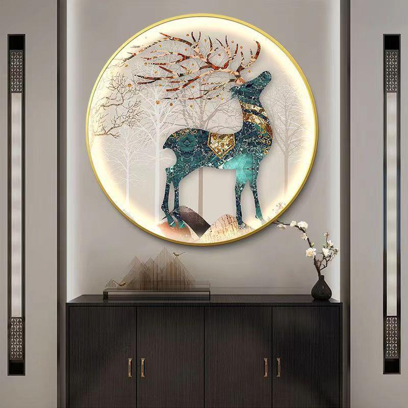 入户玄关装饰画圆形麋鹿客厅沙发背景墙壁画晶瓷进门走廊过道挂画图片