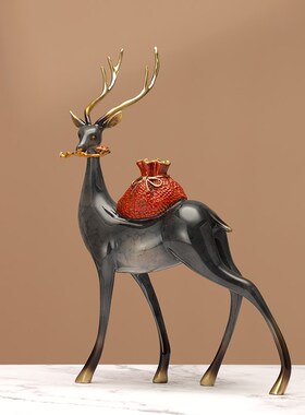 招财全铜钱袋鹿摆件一对办公室客厅电视柜玄关酒柜装饰品轻奢高档