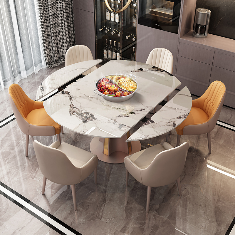 意大利轻奢岩板旋转餐桌现代简约可伸缩内嵌转盘带电磁炉家用圆桌