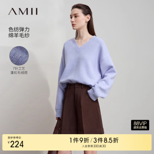 Amii2025秋新款 上衣 简洁休闲V领落肩袖 宽松色纺毛衣女百搭基础款