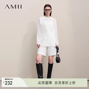 上衣 女灯笼袖 Amii2026春新款 仙气飘带重工管珠刺绣顺纡绉雪纺衫