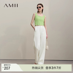 女黑色裤 微皱肌理休闲长裤 子 可调节橡筋宽松阔腿裤 Amii2026夏新款