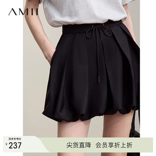 女小个子裤 子 减龄文艺感收褶绑带花苞型休闲短裤 Amii2026春新款
