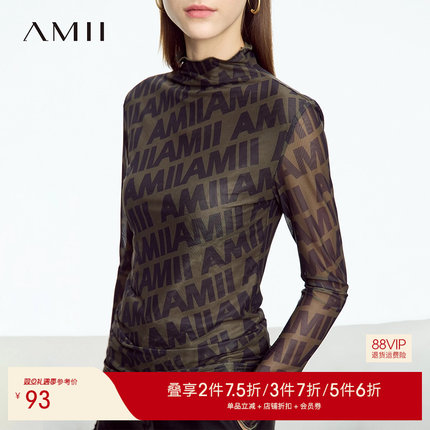Amii2025秋季新款长袖T恤女甜辣风半高领内搭印花打底衫网纱上衣