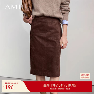Amii【复古美拉德】25秋干练通勤风高腰显瘦麂皮绒A字中裙半身裙