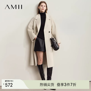 Amii【含绵羊毛】秋冬西装领绵羊毛双面呢女落肩袖长款款外套大衣