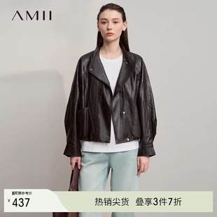复古帅气夹克廓形PU皮衣外套女 2026春新款 Amii 酷飒机车风