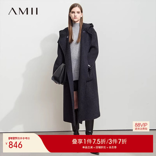 Amii【含绵羊毛】秋冬韩版休闲减龄连帽双面呢大衣女毛呢外套