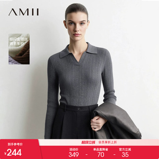 Amii2026秋新款休闲翻领金银丝纱长袖毛衣女不规则坑条纹显瘦上衣