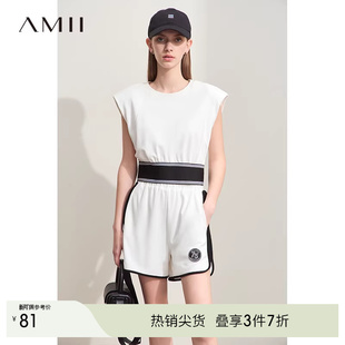 撞色橡筋套头T恤女 直筒宽肩有垫肩无袖 Amii2026夏新款 运动风短款
