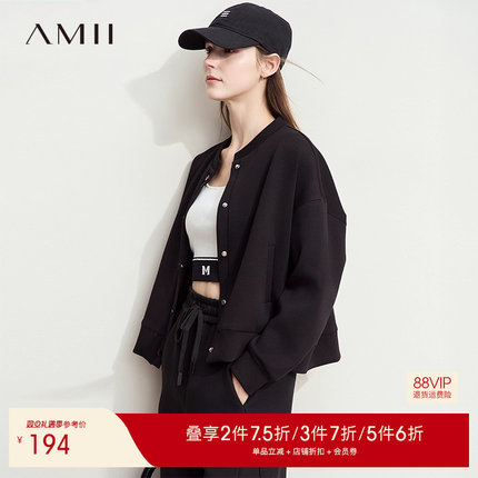 AMII【复古风】2025秋秋复古休闲减龄短款棒球服卫衣外套女春秋