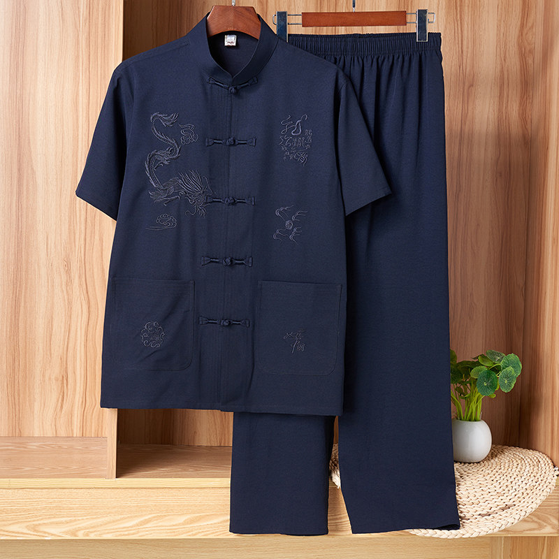 夏季中老年棉麻短袖爸爸装唐装男半袖套装男口袋汉服爷爷居士服,男装,唐装,淘宝优惠券,粉丝福利购,淘宝优惠卷