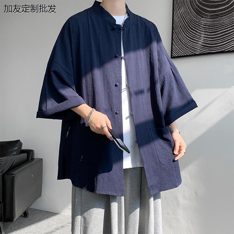 唐装亚麻短袖衬衫男款夏