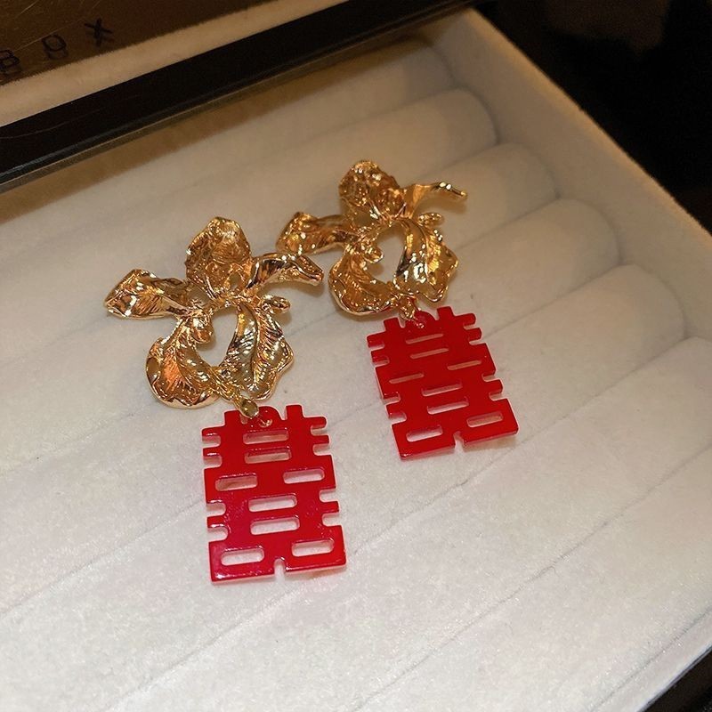 新款结婚喜字耳环新中式红色旗袍