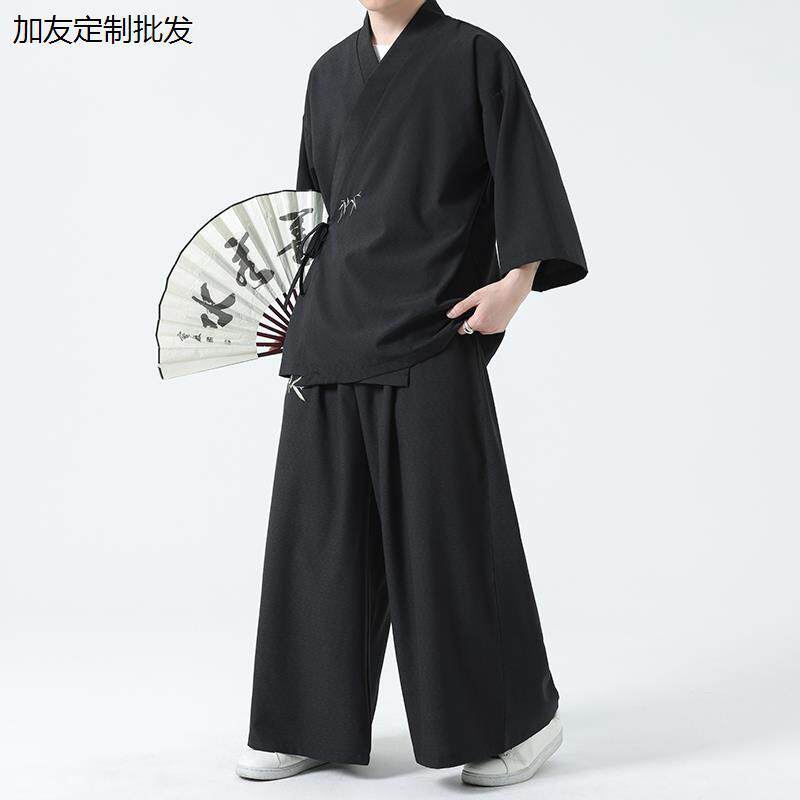 仙气交领汉服道袍男七分袖中国风套装刺绣y领右衽披风冰丝居士