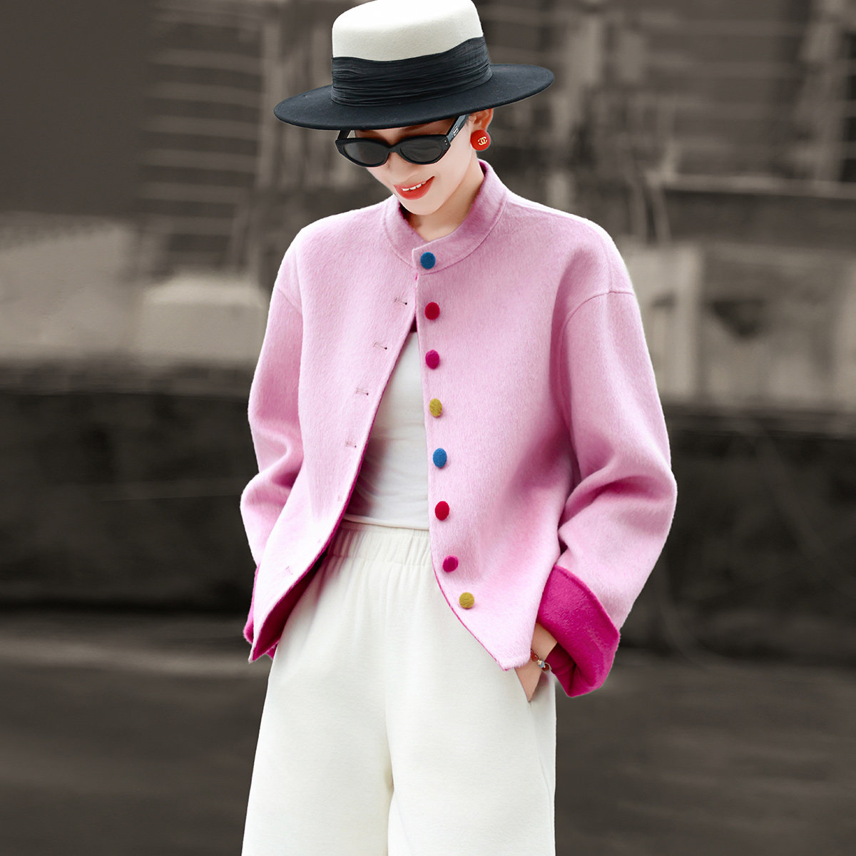 兰瑟儿2025冬季新款气质复古撞色立领100%绵羊毛彩扣短款毛呢外套,女装/女士精品,毛呢外套,淘宝优惠券,粉丝福利购,淘宝优惠卷