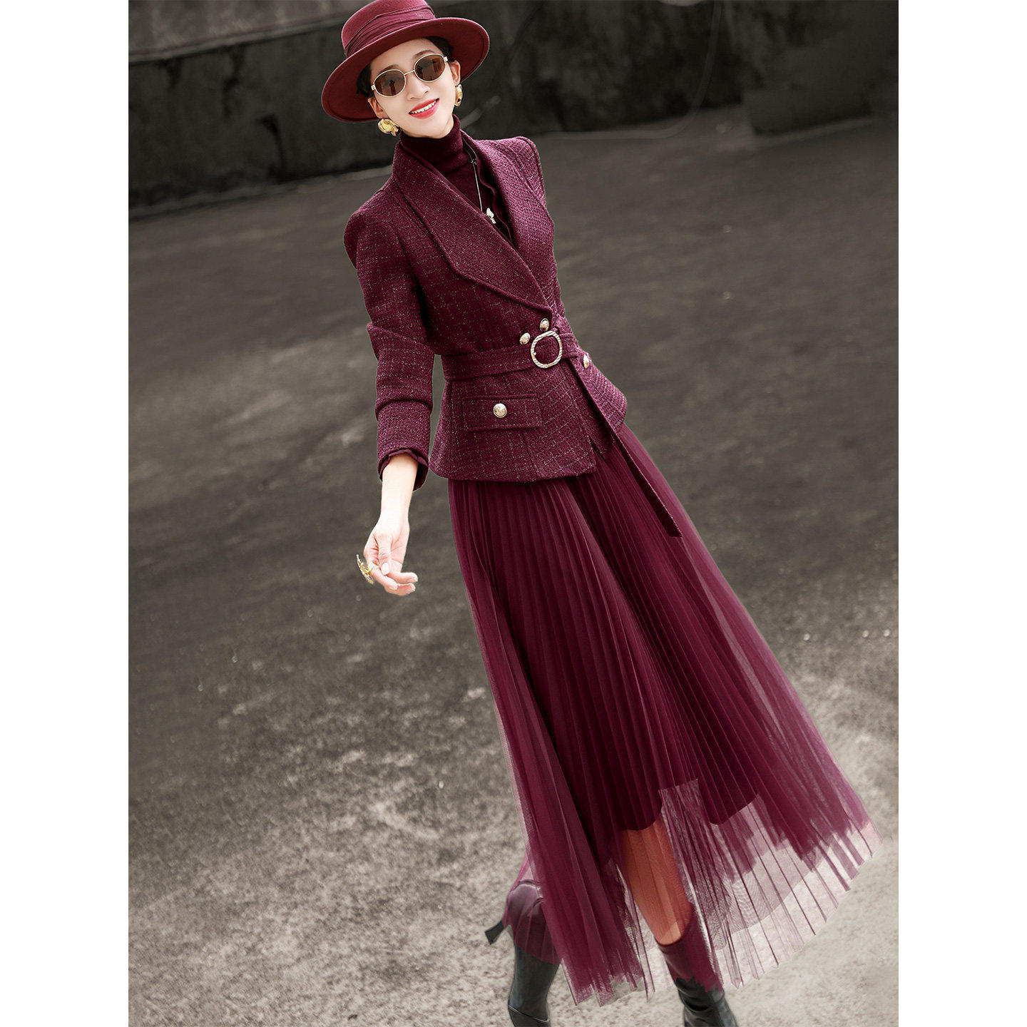 兰瑟儿2025冬季新款气质小香风粗花呢短外套百褶网纱半身裙套装女,女装/女士精品,时尚套装,淘宝优惠券,粉丝福利购,淘宝优惠卷