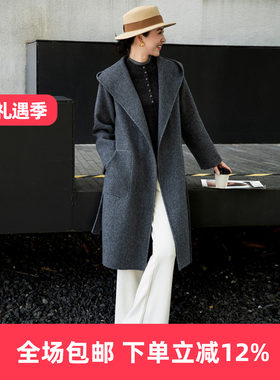 兰瑟2026春夏新款气质休闲双面毛呢外套连帽收腰绑带骆驼绒大衣