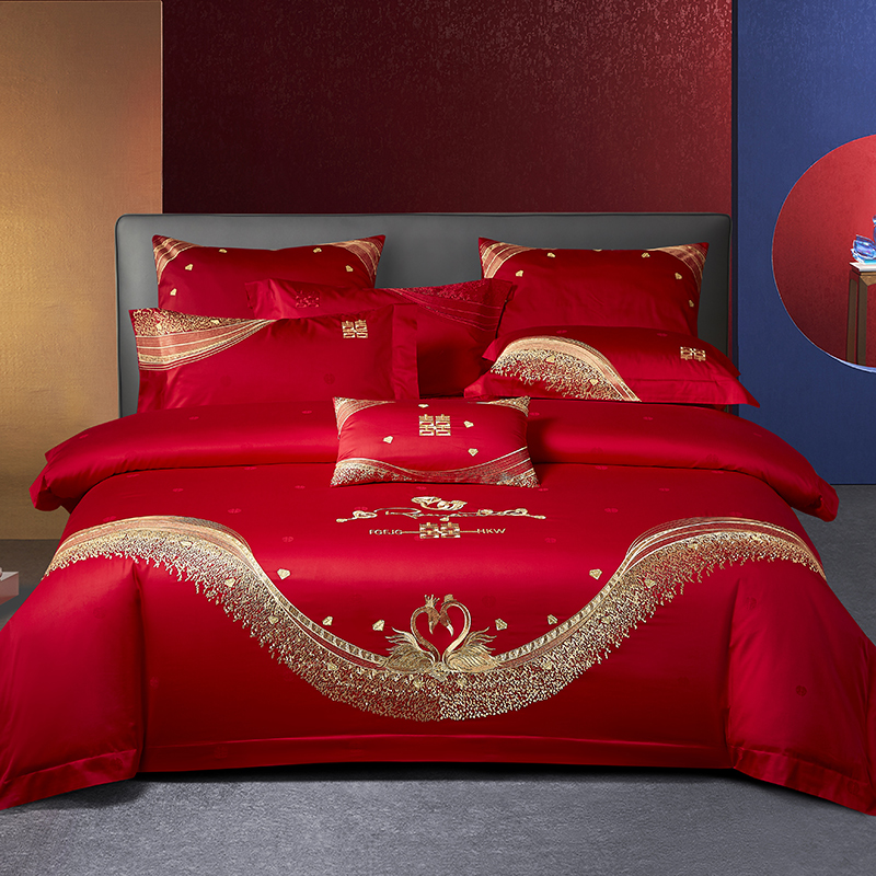 极速140s支全棉婚庆四件套大红色喜被子结婚六十S件套刺绣婚房床