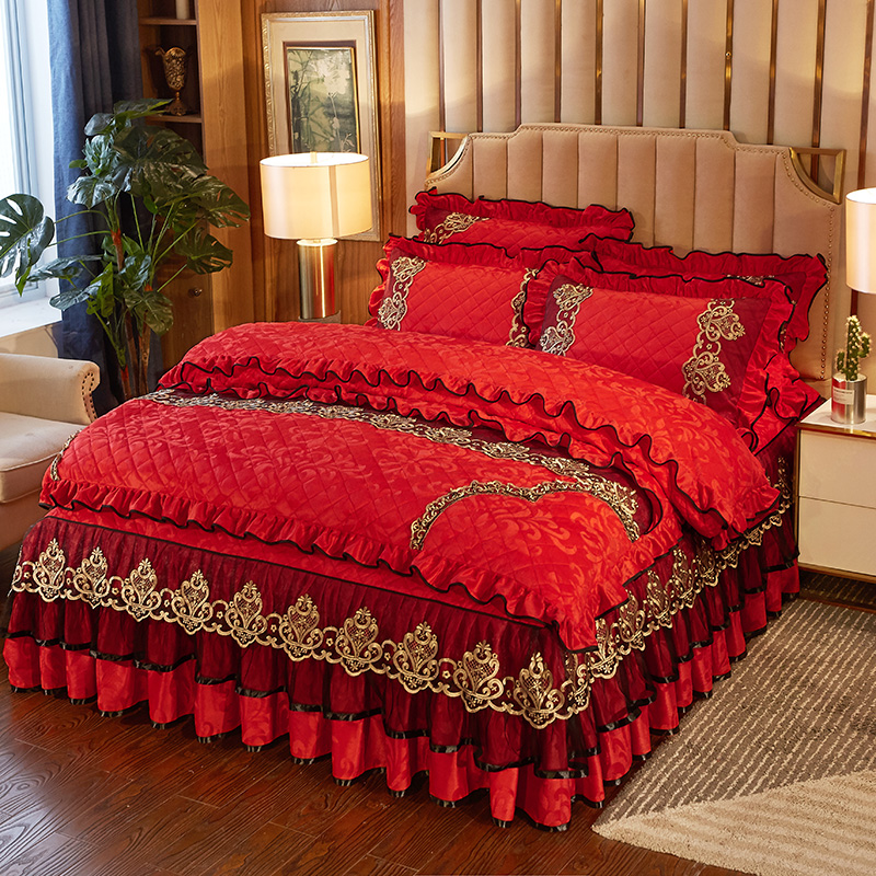 极速全套夹棉床裙四件套欧式公主蕾丝加厚床罩4件套U冬双面绒被套