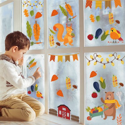 新品ions, Tuhrkey Acorns Owl Squirrel Maple Autumn Window Cl