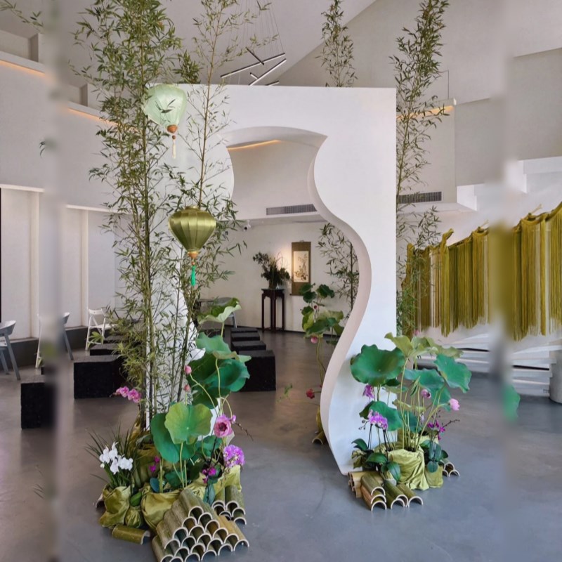 极速新中式国h风主题布置室内小院装饰仿真绿竹荷花拍摄道具