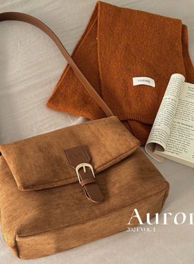 韩版学院风女包复古磨砂小众单肩包百搭时尚通勤斜挎麂皮绒小方包