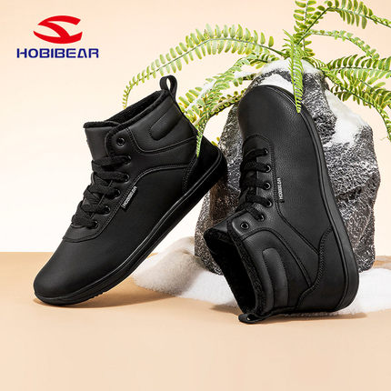 HOBIBEAR男鞋2025新款冬季4e宽楦中帮加绒棉鞋大码女士宽头赤足鞋