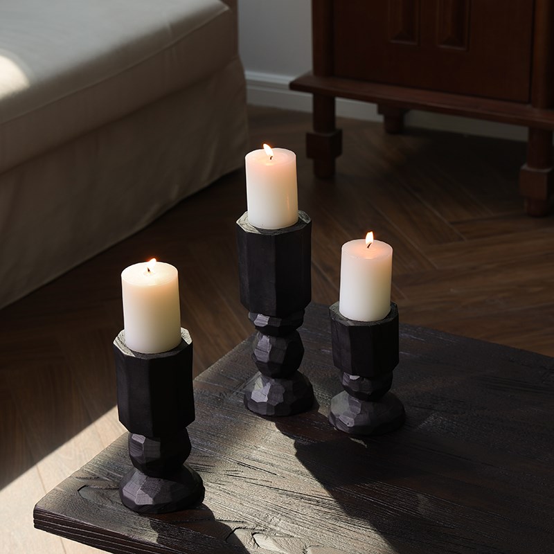 形上wabi-sabi侘寂碳化木烛台实木几何造型蜡烛杯烛光晚餐桌摆件
