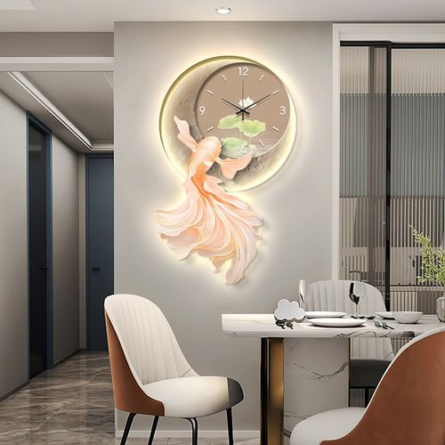 锦鲤钟表客厅挂钟装饰画创意发光餐厅灯画电视背景墙时钟玄关挂画