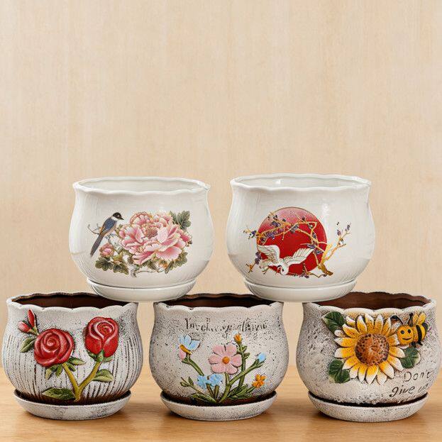 田园风陶瓷花盆带托盘家用客厅透气蝴蝶兰绿萝绿植专用耐用花盆