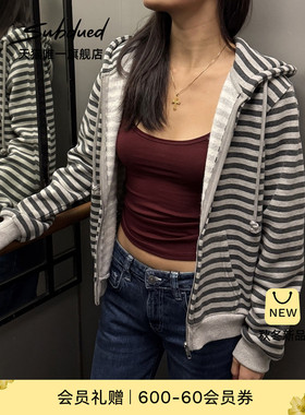 Subdued卫衣25早秋新款女装条纹宽松休闲外套拉炼连帽衫