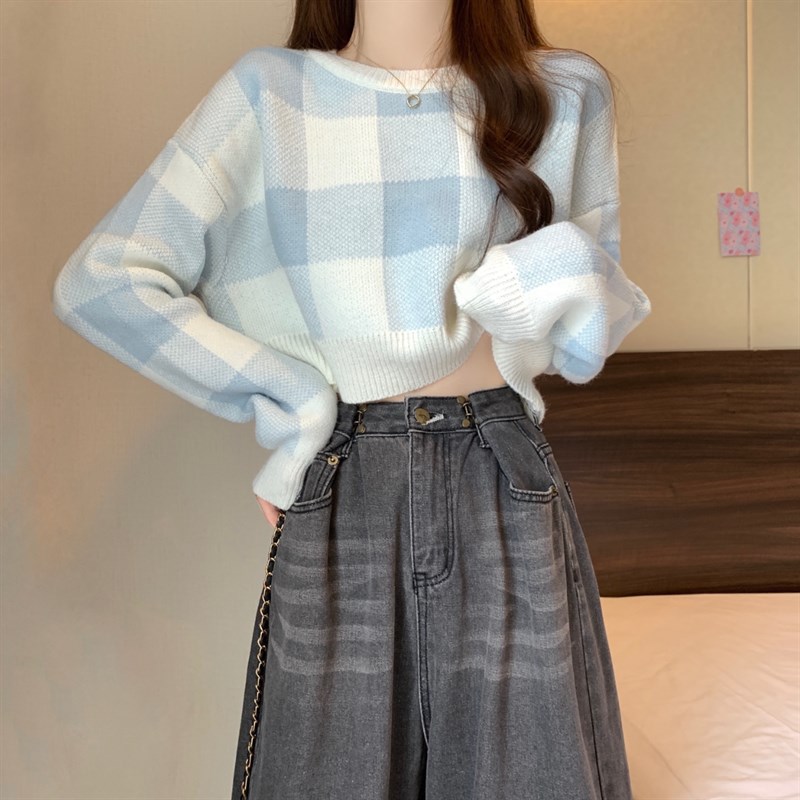温柔系粉色格子短款套头打底毛衣女E春秋内搭针织衫宽松慵懒风上