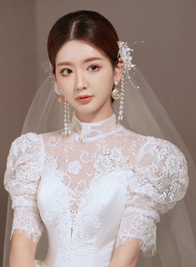 新品韩式新娘g头饰甜美小清新花朵流苏发夹超仙美边夹结婚纱礼服