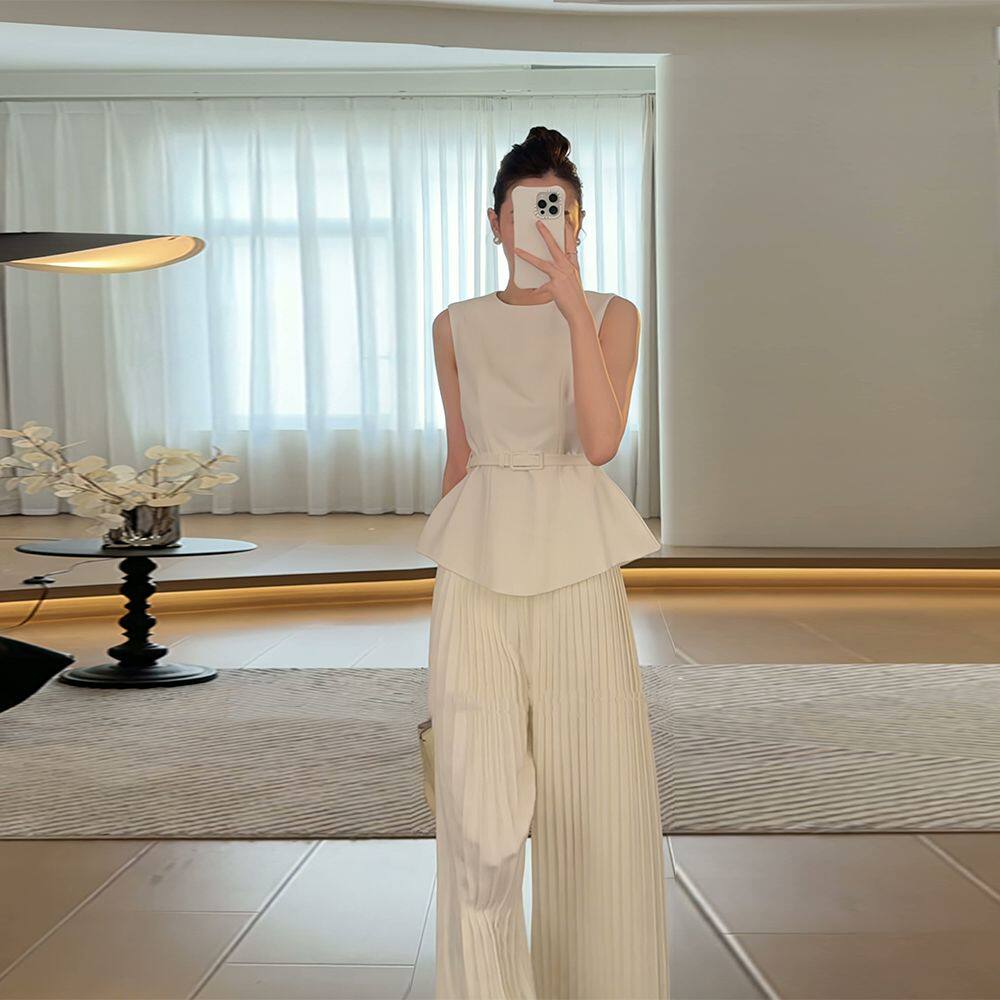 气质时尚高级套装2025夏季新款白色收腰背心上衣长款阔腿裤两件套