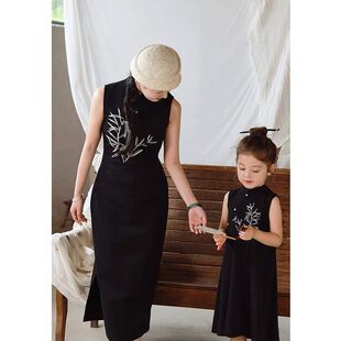 《竹》系列女童新中式国风刺绣无袖小黑裙连衣裙夏
