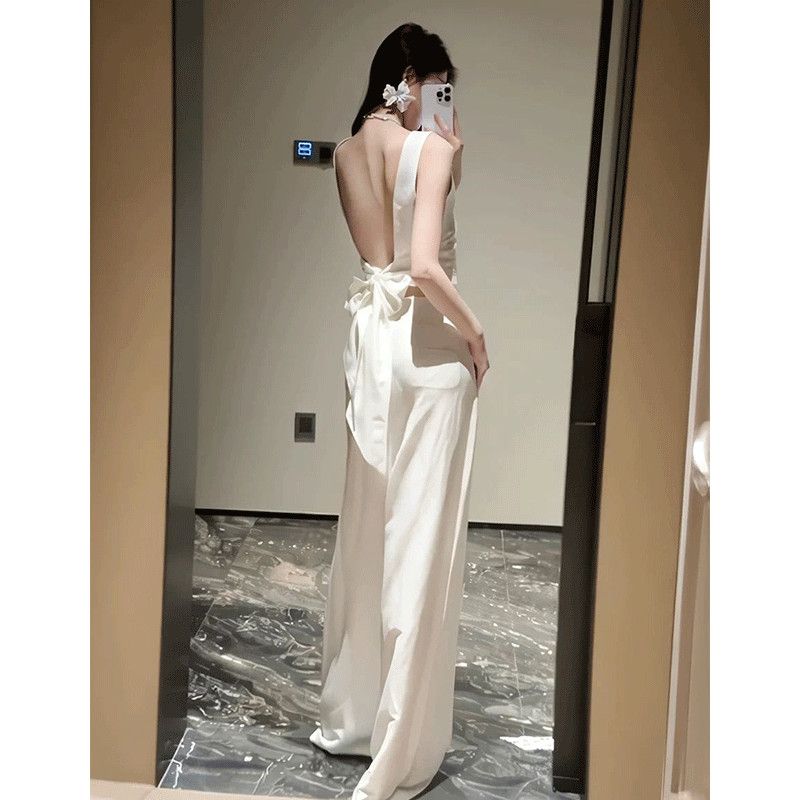 法式露背无袖蝴蝶结上衣+