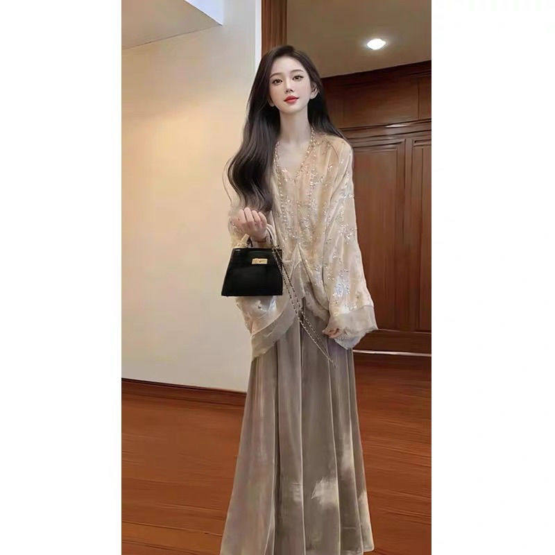 加绒加厚今年流行新中式国风套装秋冬气质外套丝绒长裤一整套女装