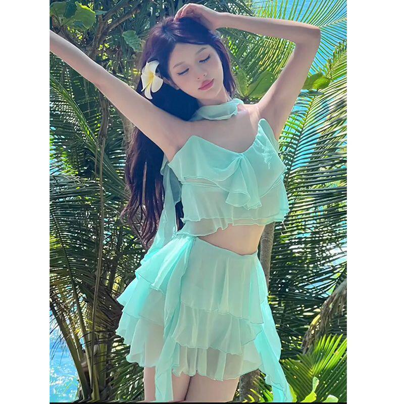 夏季出游穿搭高级感减龄洋气时尚御姐小香风绿色吊带上衣裙子套装