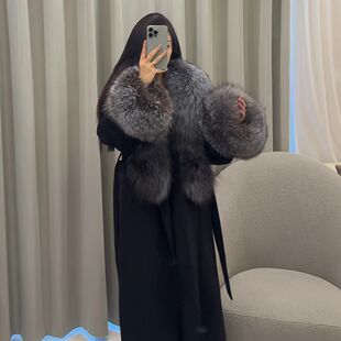 2025新款毛毛领呢子大衣黑色高级大衣毛呢仿皮草外套长款