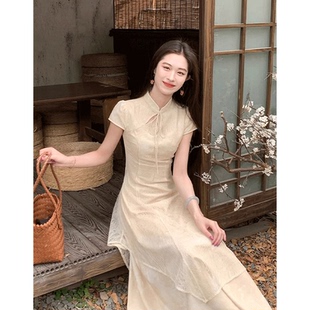 凌茜恣禾幻真新中式假两件改良旗袍女夏立领蕾丝拼接镂空连衣裙