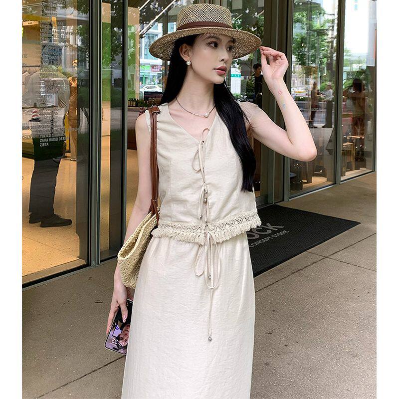 米色流苏马甲半身裙套装小众气质显瘦女夏季新款