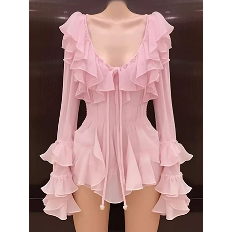 欧美辣妹性感纯欲超短裙御姐高级感粉色木耳边长袖连衣裙夏季