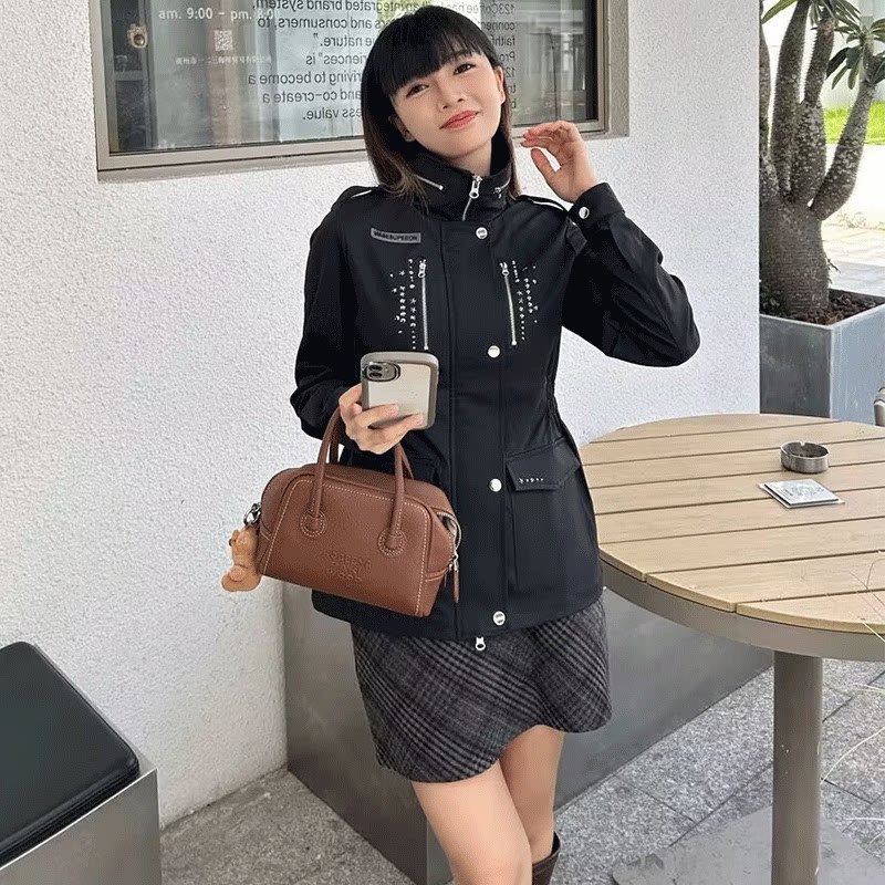 原创黑色翻领工装外套女